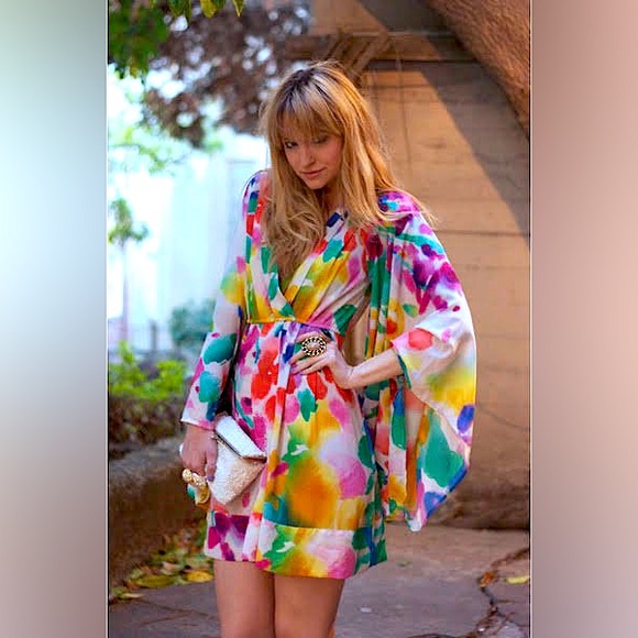 NWT H&M watercolor rainbow billow sleeve mini dress - Picture 2 of 8